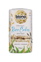Biona Organic Rice Cakes packaging on a white background, featuring sea salt flavor and organic ingredients.